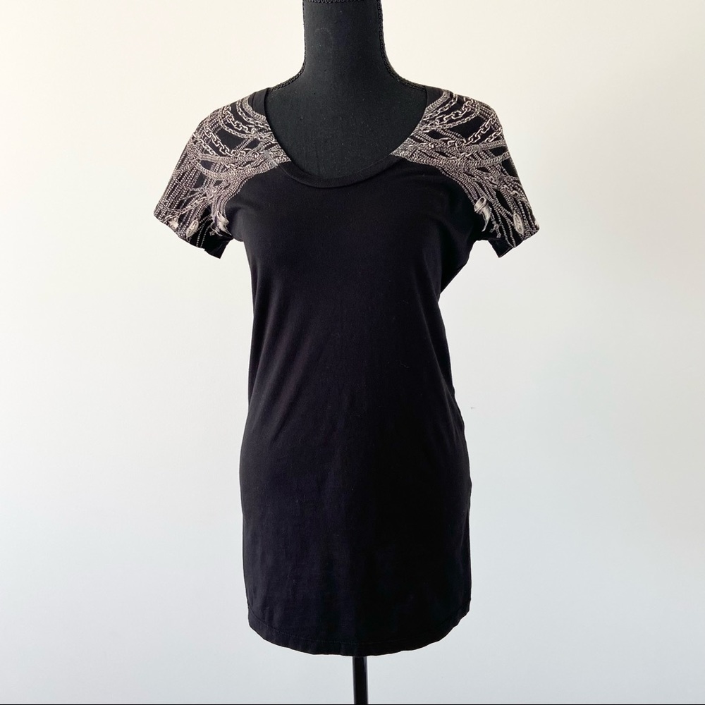Affliction Chains Print Ruched Braided Back Tunic Top